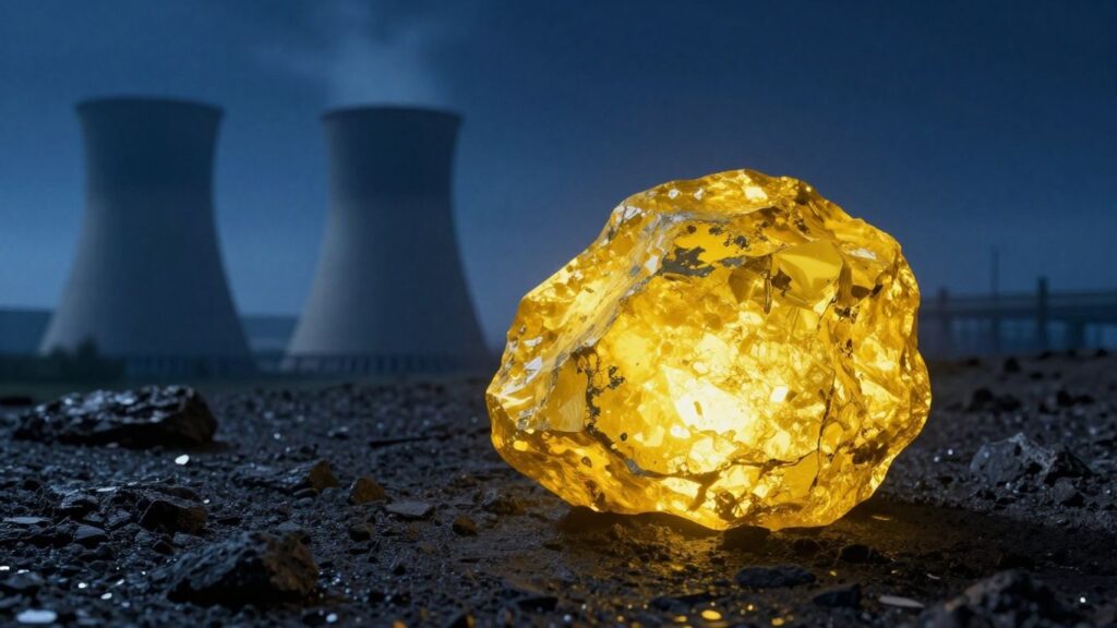 Uranium ore and nuclear reactor cooling tower.