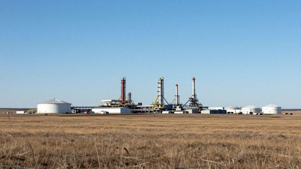 Saskatchewan uranium mine and processing facility under a clear sky.