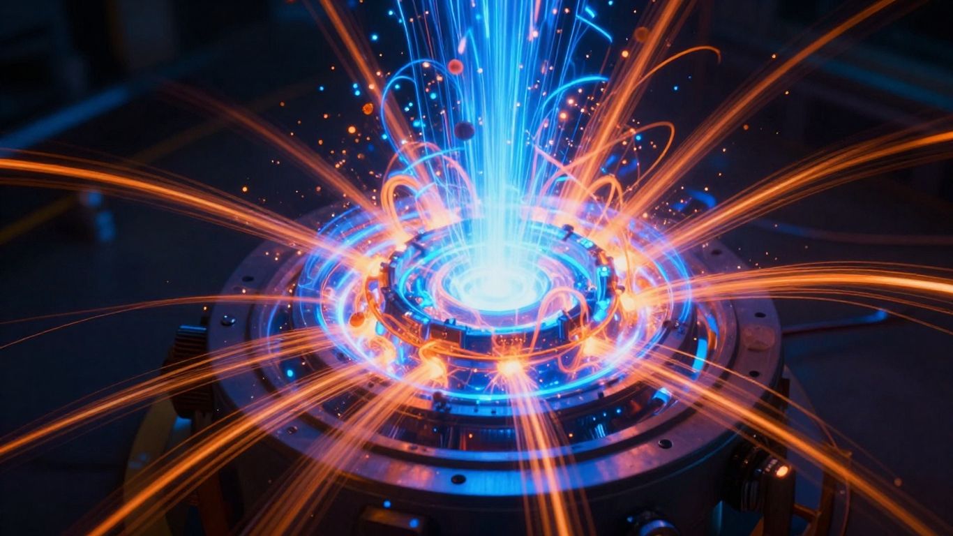 Glowing fusion reactor core with swirling energy streams.