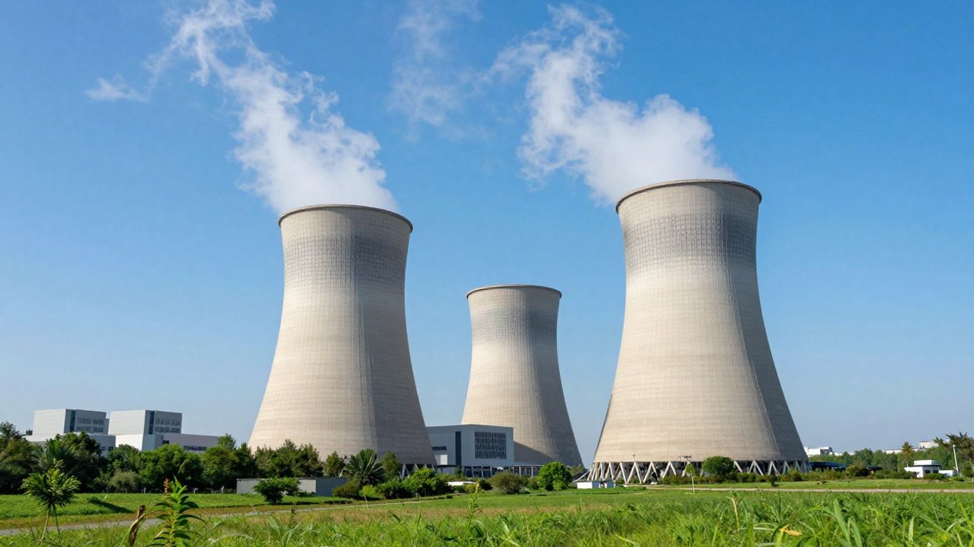 Advanced nuclear power plant with cooling tower against blue sky.