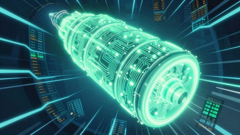 Nuclear reactor core with energy surge and stock tickers.