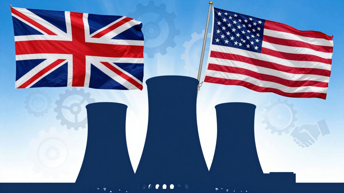UK and US flags with nuclear power plant.