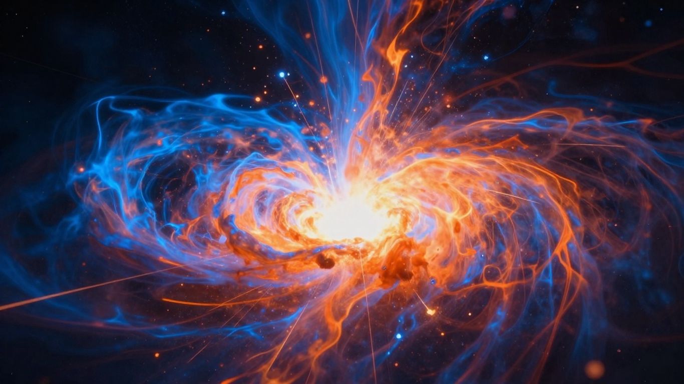 Abstract fusion reaction with plasma and energy particles.